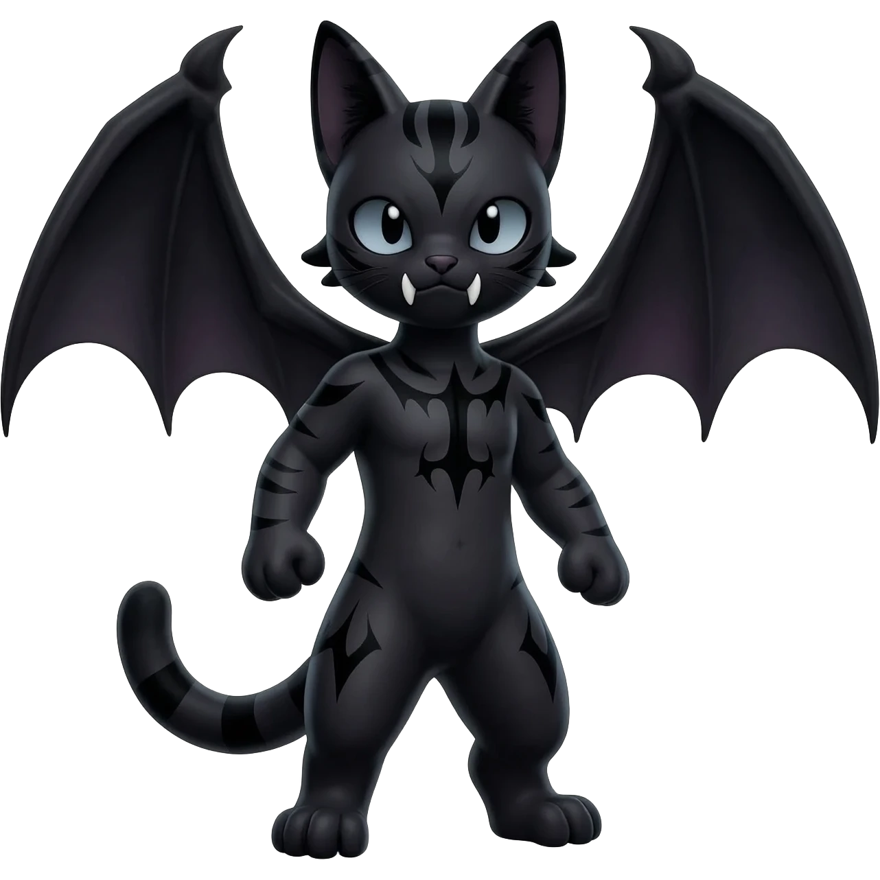 dark spooky badass cool shiny glossy smooth soft Black edgy Noivern-Noibat-Purloin-Torracat-Lykoi-Caracal-cat-Fakemon-fusion-hybrid-creature with bat wings on head as ears, big fangs, gothic markings emoji