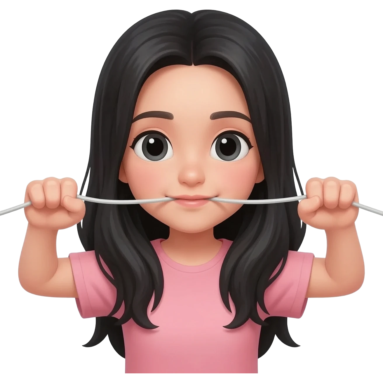 Chica con pelo negro largo haciendo con sus dos manos sacando. I emoji