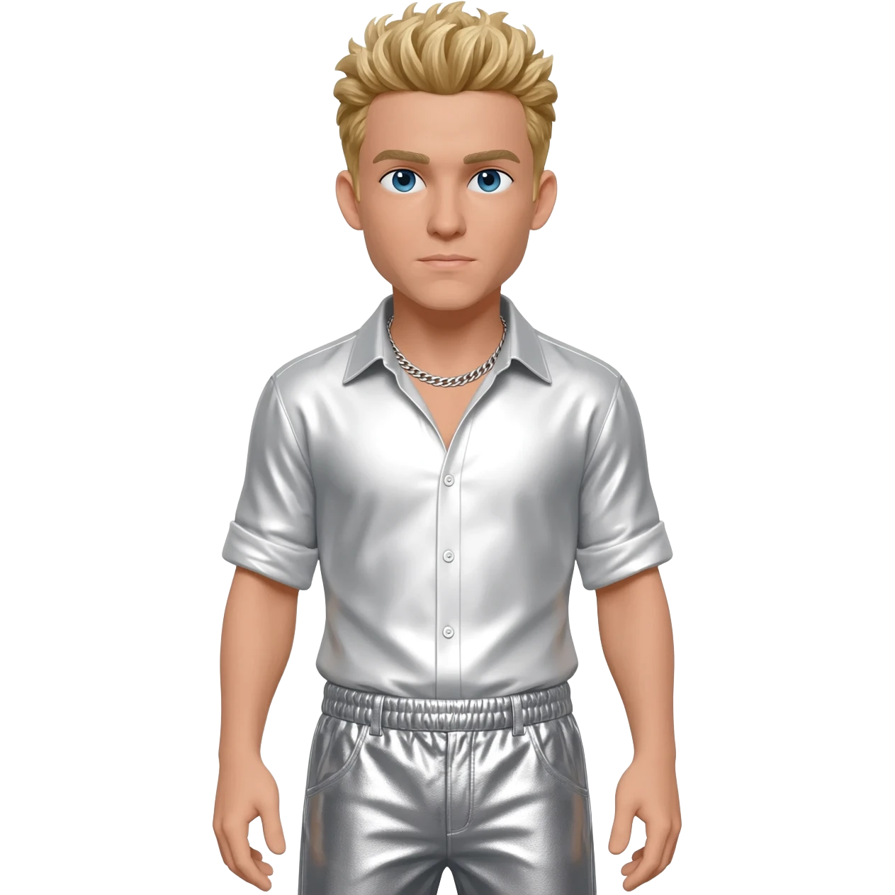 Nick Carter from Backstreet Boys with blue eyes, blonde hair, white metallic shirt, white metallic baggy pants, silver necklace emoji