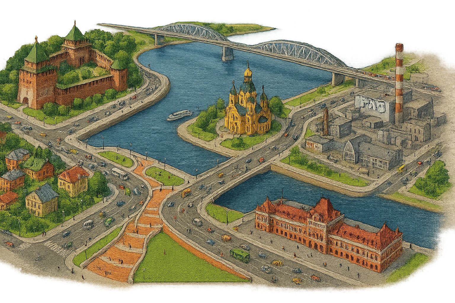 Изометричная миниатюрная фотореалистичная 3D модель панорамы Нижнего Новгорода - Нижегородский Кремль, Стрелка между Окой и Волгой, ГАЗ, Чкаловская лестница, Борский Мост через Волгу, Нижегородская ярмарка, нижегородские дома, автотранспорт четкие линии, яркие цвета, мультяшный реализм, люди, автотранспорт, компактная композиция, вид сверху в изометрии, прозрачный фон emoji