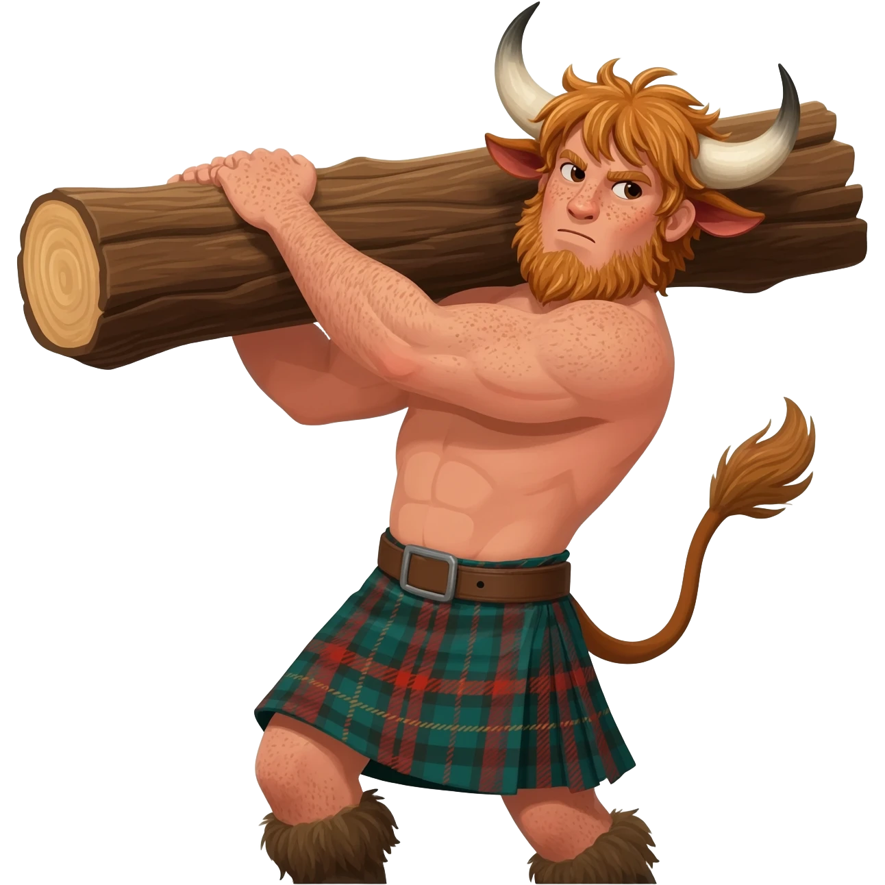 buff curly hairy man with freckles with messy light brown bangs that covers his face with bull horns and bull ears and bull tail dressed in kilt lifting large log with wind in his hair with belt around his chest emoji