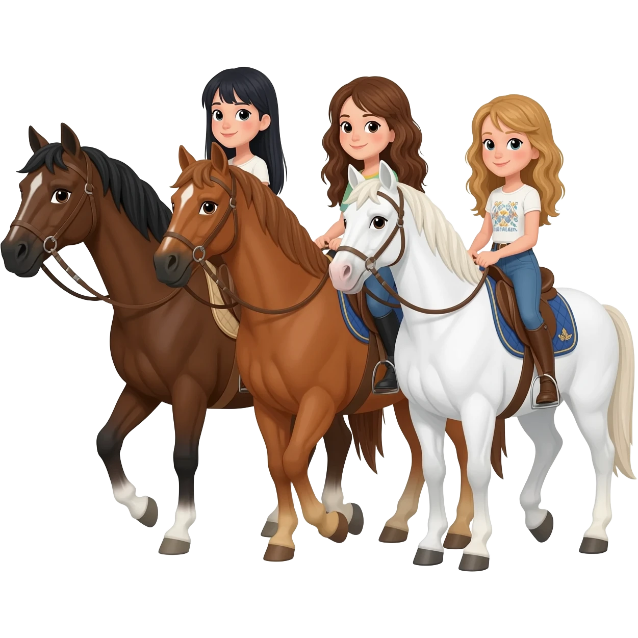 Three horses white bay and sorrel with three riders on the bay horse a girl with dark straight hair on the sorrel horse a girl with wavy brown hair and on the white horse a girl with sandy hair emoji