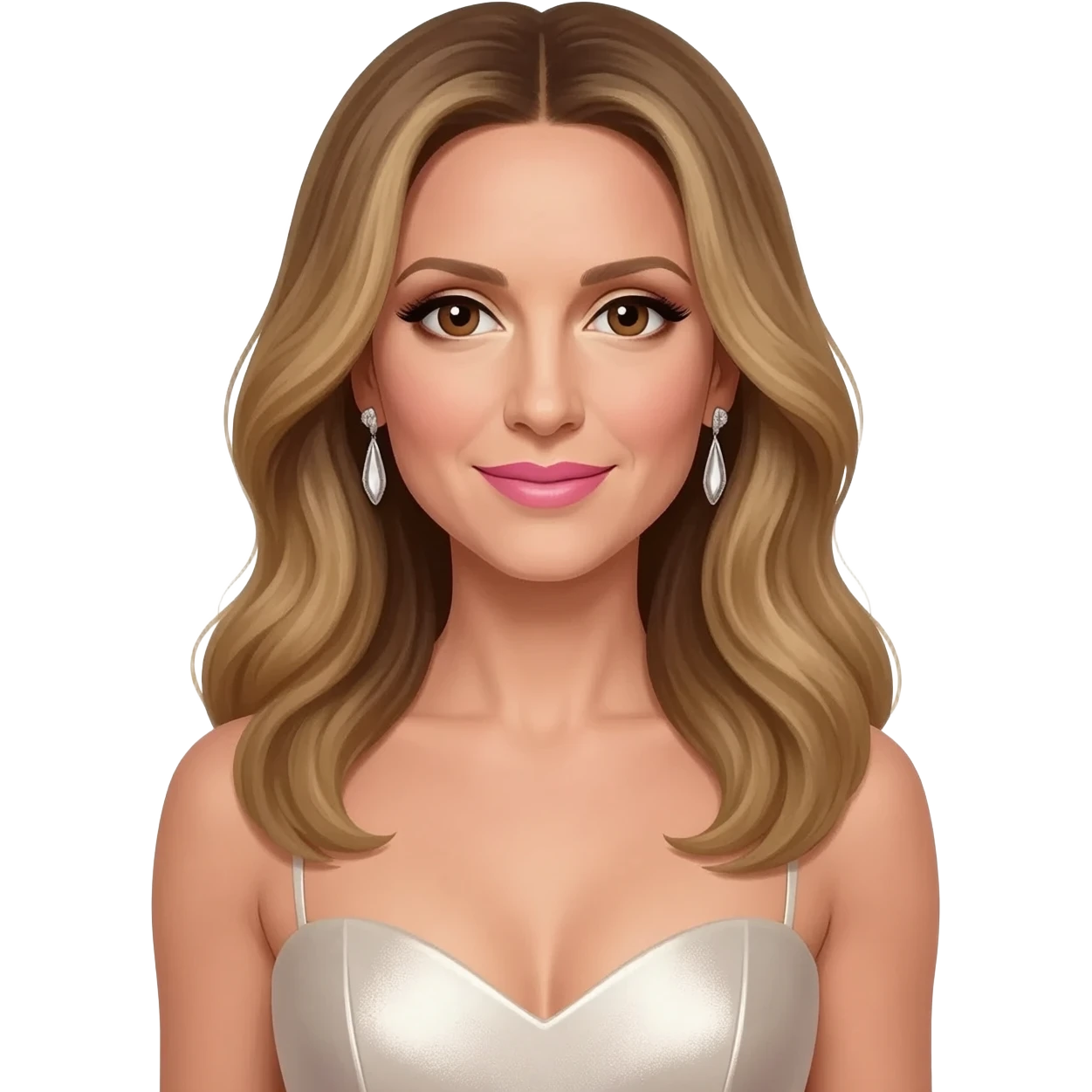 Celine Dion with brown eyes, ivory eyeshadow, pink lipstick, long dark blonde hair, ivory metallic sweetheart dress, silver earrings emoji