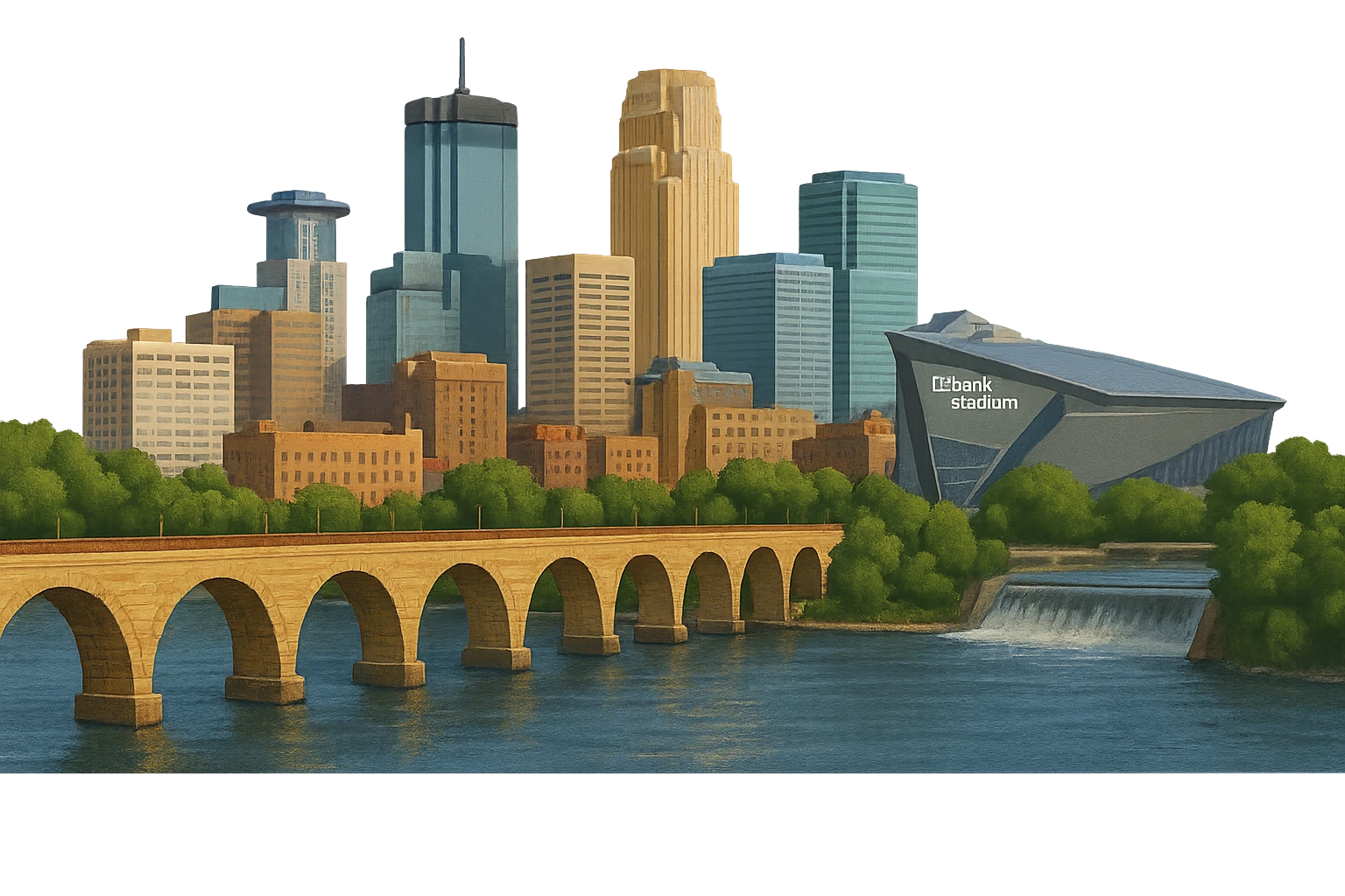 cinematic realistic emoji of Minneapolis wide city view with iconic landmarks Stone Arch Bridge IDS Center US Bank Stadium Mississippi River lifelike detail accurate colors bright daytime lighting no sky no clouds no city name label transparent background emoji