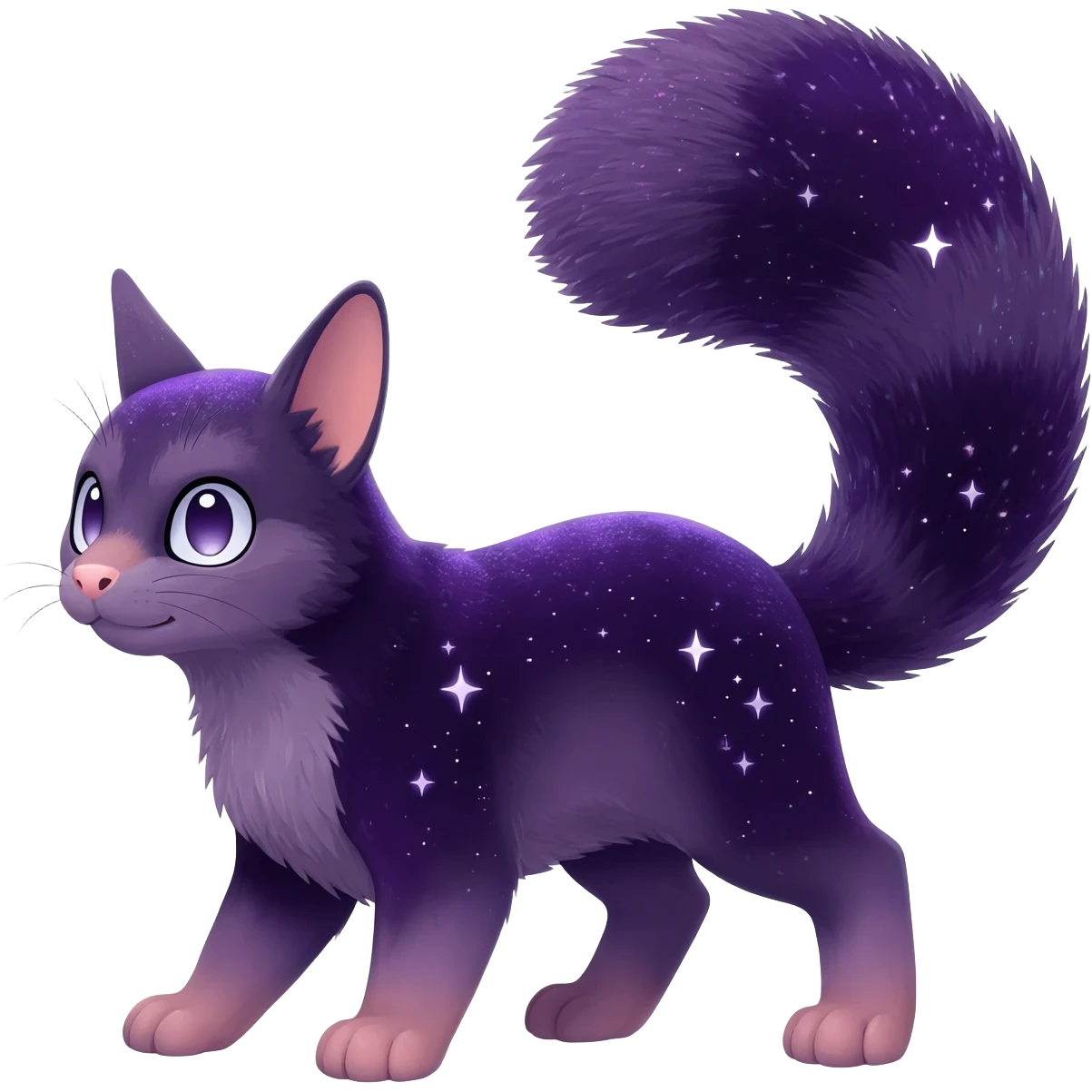 Hyper realistic  midnight-violet velvet fur soaked in starlight glitter and shadow gradients beautiful elegant pretty precious cute  Fakémon-Pokémon-opossum-feline-serval-caracal-chinchilla-Furret-Minccino-hybrid-creature with a big fluffy bushy tail (full body) emoji