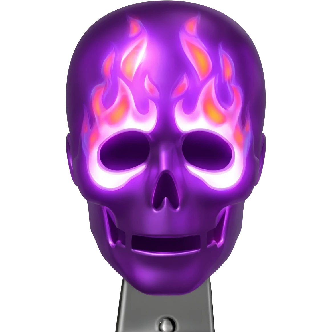 A purple shiny with a purple flame head no eyes and holding a small knife just the head . emoji