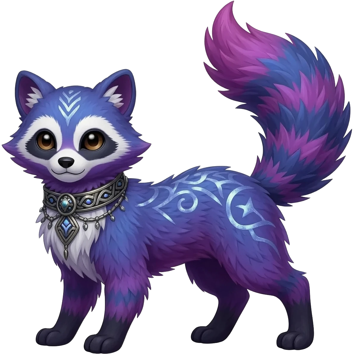 Rare colorful bluish purplish pinkish gradients furry fuzzy silvery exotic cute epic aesthetic gothic colorful Salandit-Eevee-Civet-species-Fakemon-hybrid-creature, with a collar, and with intricate tribal markings, full body emoji