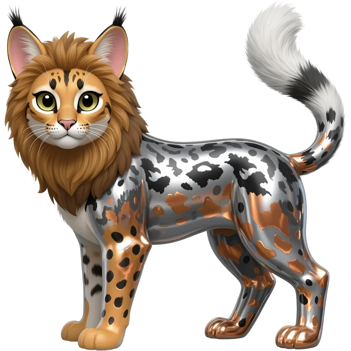 Realistic patterned marked edgy greyish blackish whitish silvery coppery Shiny Colorful Glossy Genet-Caracal-Lion-Bunny-Bobcat-fusion-animal-hybrid-creature, full body, big-tufted-bat-ears, long-thin-tufted-white-tipped-tail emoji