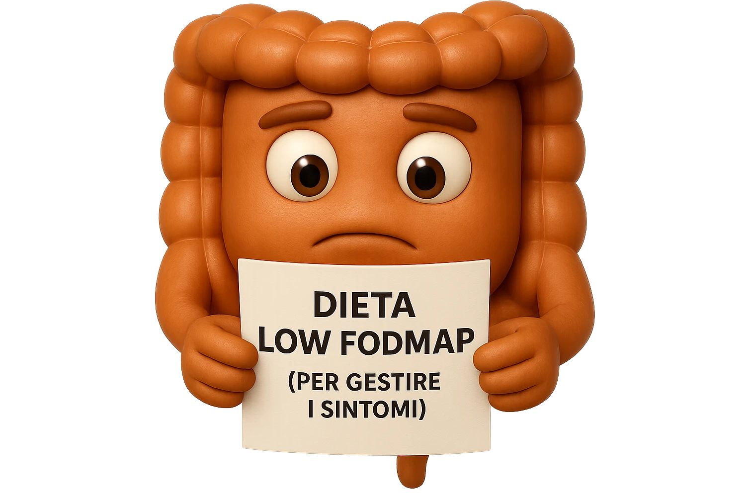 EMOJI STILE IPHONE DI UN INTESTINO UMANO ANATOMICO CHE GUARDA UN FOGLIO CON LA SCRITTA "DIETA LOW FODMAP (PER GESTIRE I SINTOMI)", FAGLI ANCHE LA PARTE BIANCA DEGLI OCCHI, NON SOLO LE PUPILLE, IPERREALISTICO 4K emoji