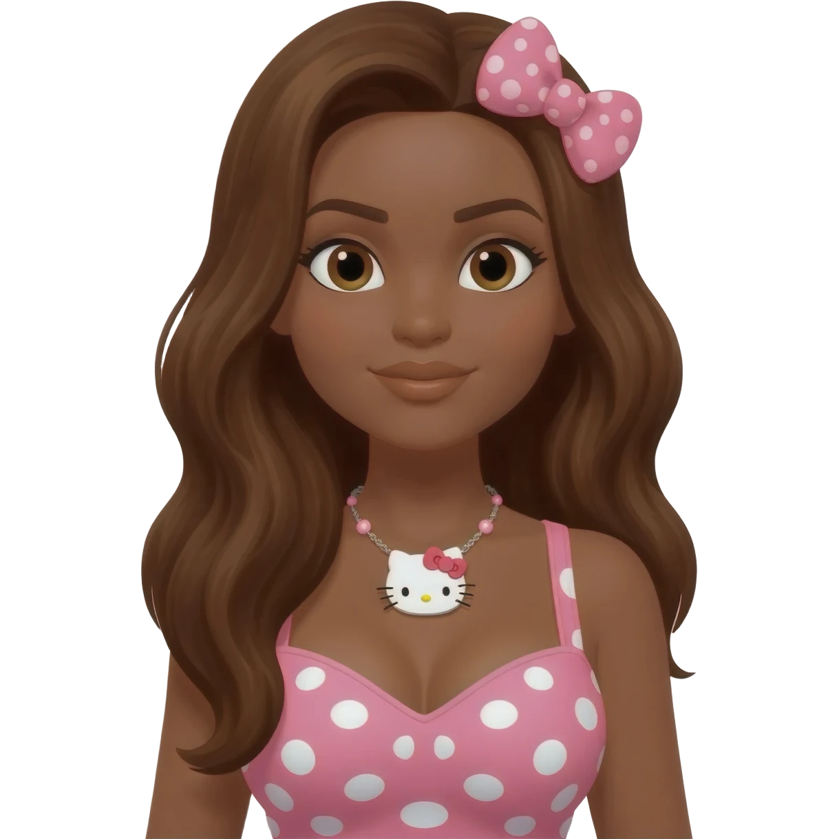 dark brown skin, long brown hair, big chest, hello kitty necklace, one bow clip, pink and white polkadot tops emoji