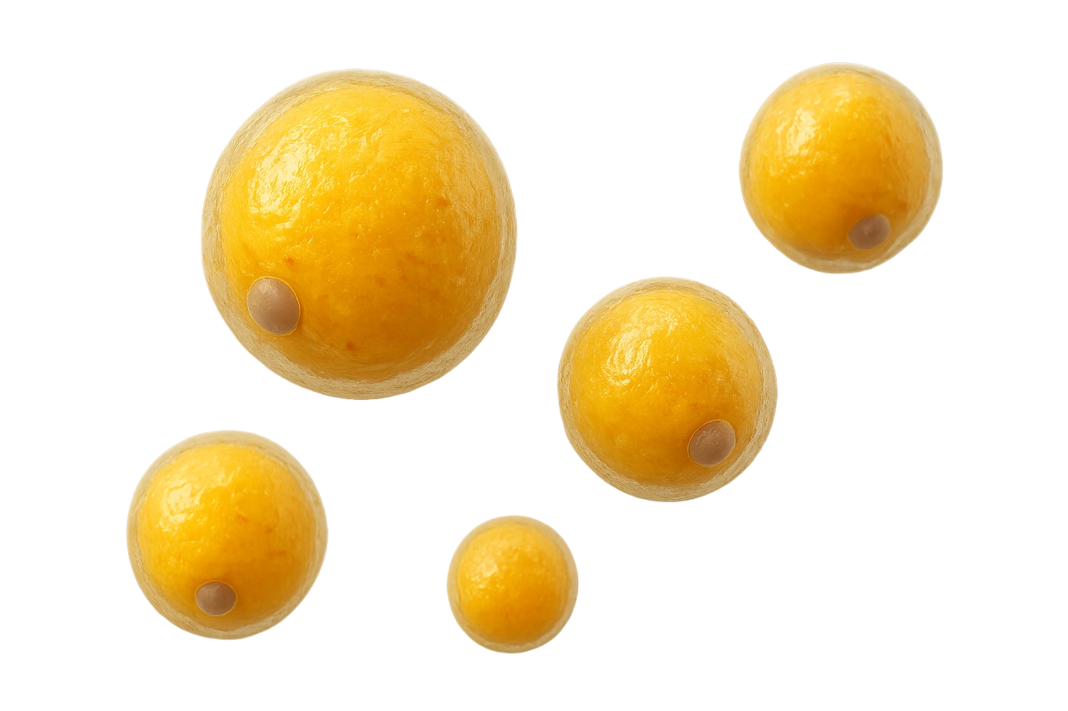 CINQUE CELLULE DI GRASSO GIALLE ANATOMICHE REALISTICHE FLUTTUANO IN ARIA, iperrealistico 4k, ISOLATA SU SFONDO BIANCO emoji