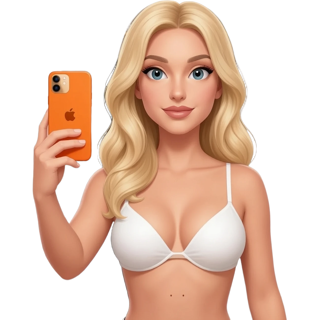 Mulher loira com lipo e silicone em um closet caríssimo casa de luxo tirando uma foto com o iPhone 17 pro Max laranja emoji