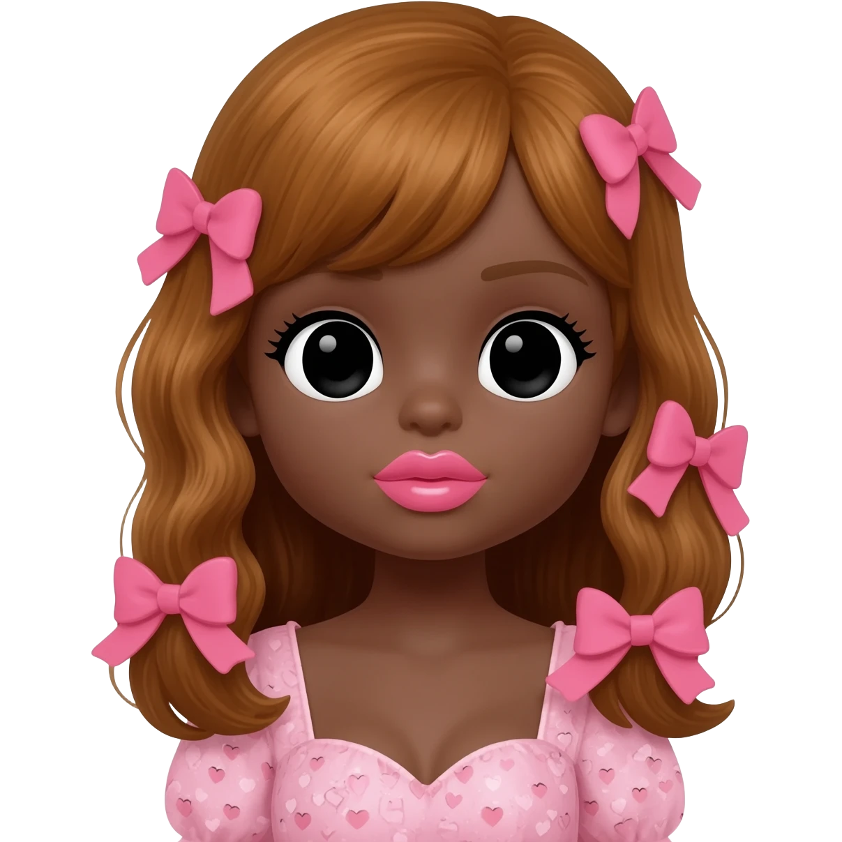 Doll, big chest, dark brown skin, honey brown hair, black cute eyes, pink bows with cute heart shaped lips emoji