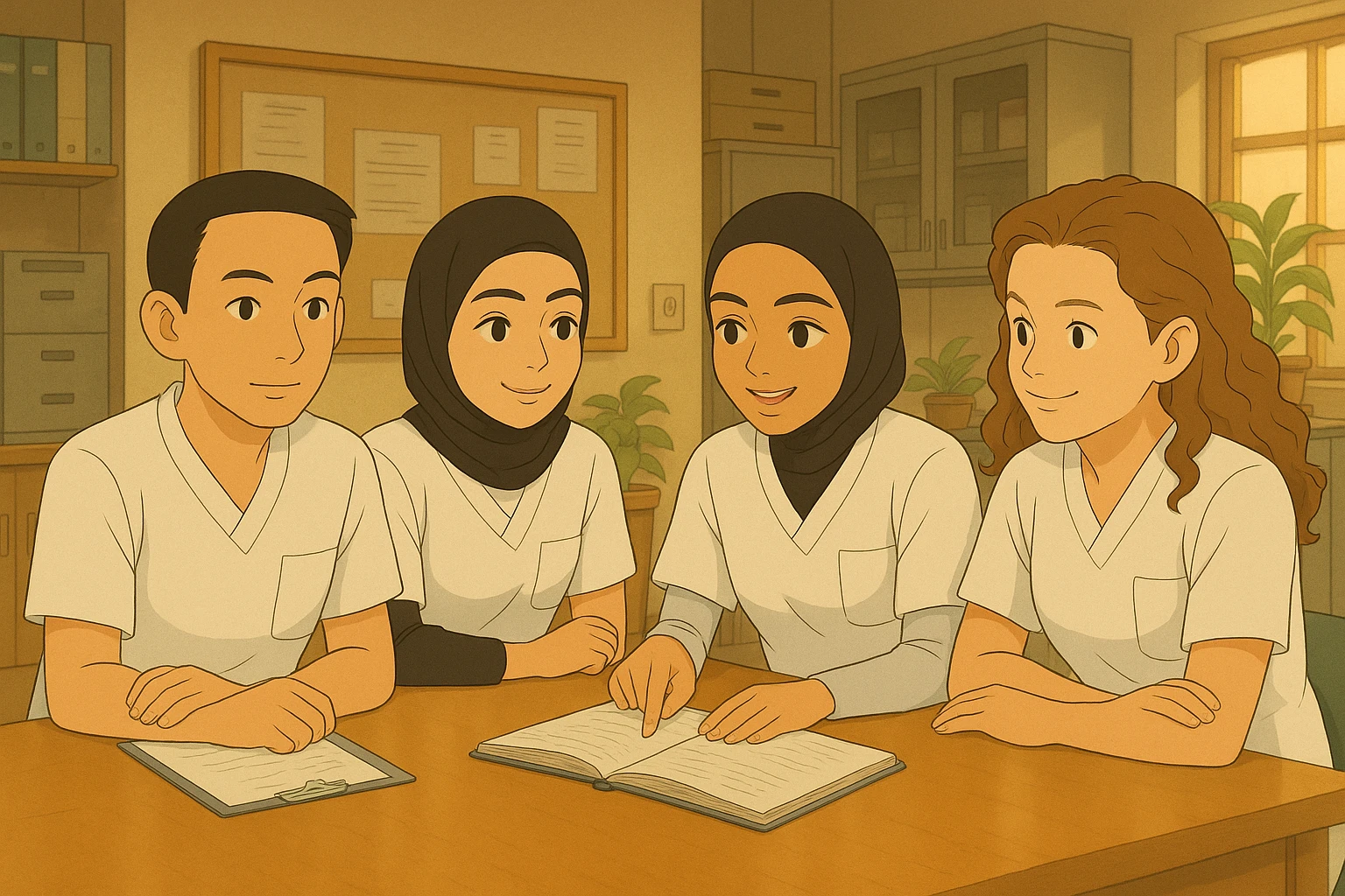 Depict the four nursing students from the provided photos, discussing and collaborating in a care station, Ghibli style. White uniforms, V-neck tunics, left chest pocket, short sleeves, no classic collar, no stethoscopes, nothing protruding from the sleeves. Team atmosphere. emoji