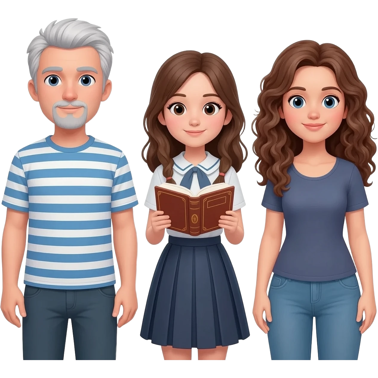 三人嘅emoji~左面男要灰白色頭髮~穿藍白橫條T卹不要胡蘇~右面一個女仕就又攣又長嘅啡頭髮~中間一個少女就係啡色頭髮穿少女裙子書卷氣～平排一起面向鏡頭 emoji