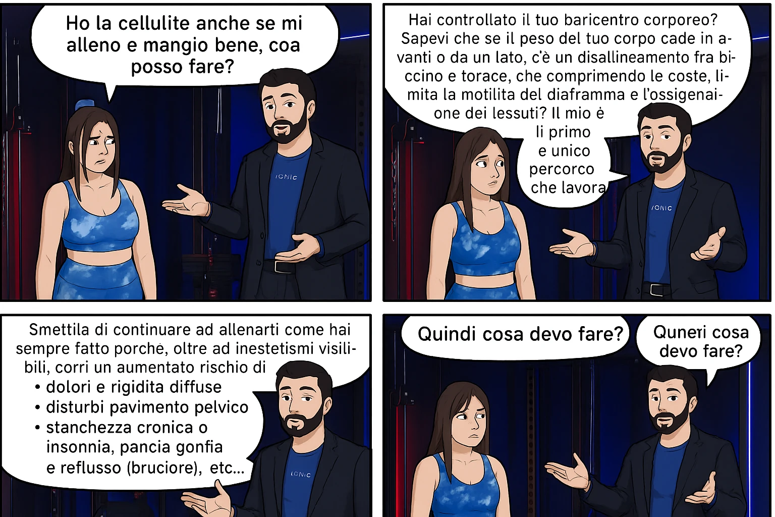 TRASFORMA QUESTO CAROSELLO IN UN FUMETTO CON QUESTE DUE PERSONE IDENTICHE CHE INTERLOQUISCONO TRA LORO:

Ho la cellulite anche se mi alleno e mangio bene, cosa posso fare?

Hai controllato il tuo baricentro corporeo?
Sapevi che se il peso del tuo corpo cade in avanti o da un lato, c’è un disallineamento fra bacino e torace, che comprimendo le coste, limita la motilità del diaframma e l’ossigenazione dei tessuti?
Il mio è il primo e unico percorso che lavora sugli inestetismi con un lavoro mirato sul baricentro corporeo.

Smettila di continuare ad allenarti come hai sempre fatto perché, oltre ad inestetismi visibili, corri un aumentato rischio di:
    • dolori e rigidità diffuse
    • disturbi pavimento pelvico
    • stanchezza cronica o insonnia
    • pancia gonfia e reflusso (bruciore)
    • etc…


Quindi cosa devo fare?
Commenta, qua sotto, con “simmetria” e ti mando un esempio del lavoro da fare. Lo stesso sistema con cui ho aiutato migliaia di persone, fra cui centinaia di donne a risolvere definitivamente gli inestetismi.
Metterei il prima e dopo

Se vuoi che ti aiuti personalmente
SCRIVIMI IN DIRECT emoji