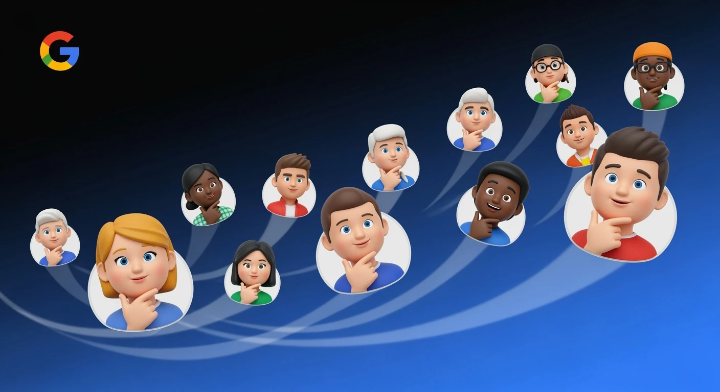 Graphic of a flying aroundg google profiles with 3d disney style faces of people (Gradient black and blue background) emoji