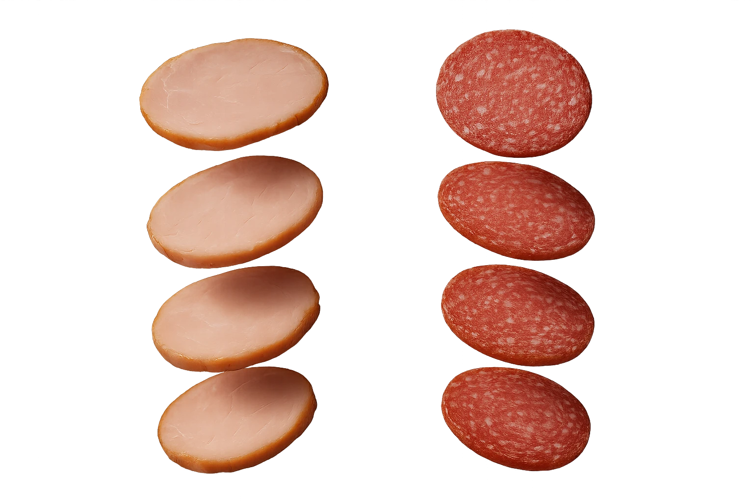 fettine di prosciutto cotto e di salame fluttuano in aria verticalmente, IPERREALISTICA 4K emoji