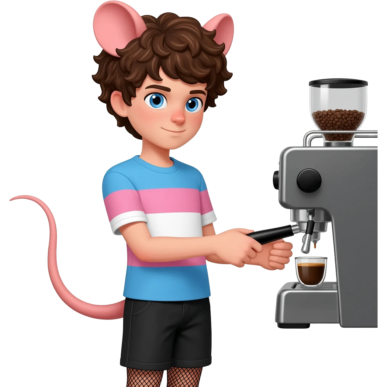 a white twink boy with blue eyes, short curly brown hairs and rat ears, he has a rat tail. he is dressed in a short shade of the color trans flag and short black shorts with mesh stockings. He is making coffee with professional coffee machine emoji