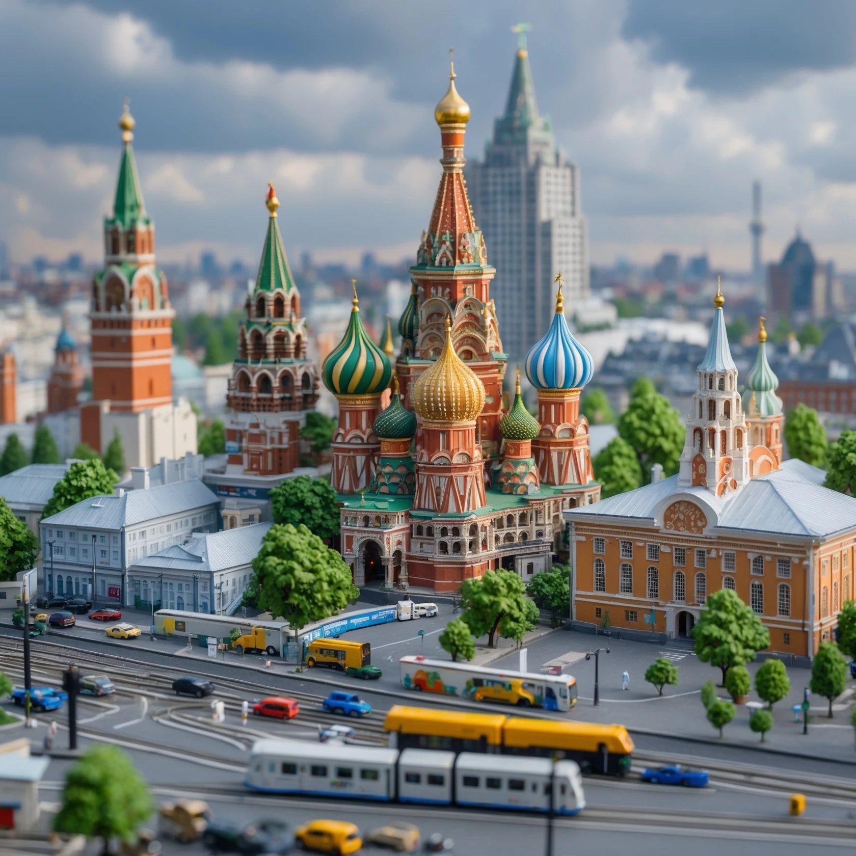 Изометричная миниатюрная 3D модель Москвы на подставке - фотореалистичный Кремль, собор Василия Блаженного, фотореалистичный Башни Москва-Сити, аккуратная детализация, яркие цвета, мультяшный реализм, гуляют люди и современный автотранспорт и метро, компактная композиция, вид сверху в изометрии emoji