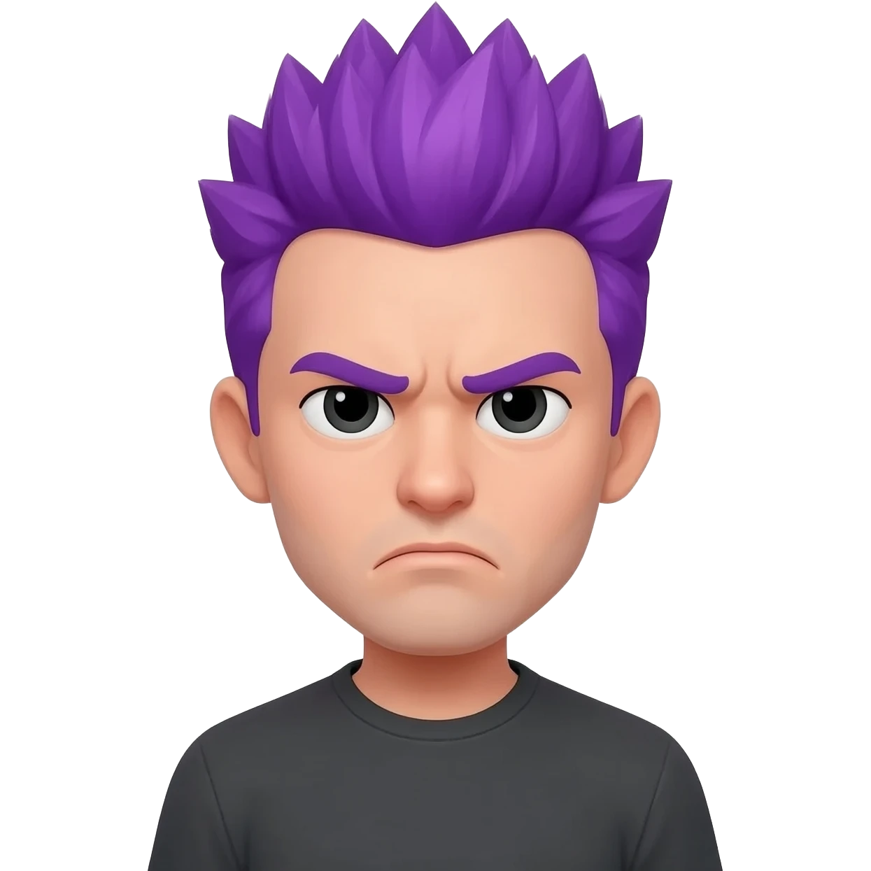Make a guy with purple spiked up hair with a frown emoji