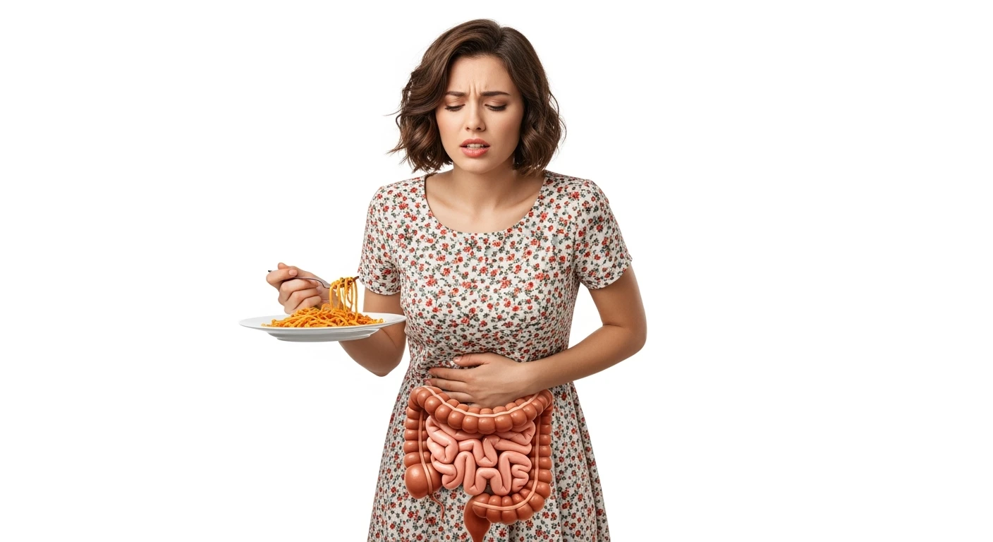 DONNA CHE TIENE UN PIATTO DI PASTA IN MANO MANGIATO PER METà, HA MAL DI PANCIA E INTESTINO UMANO ANATOMICO REALISTICO IN EVIDENZA, iperrealistico 4k, ISOLATA SU SFONDO BIANCO emoji