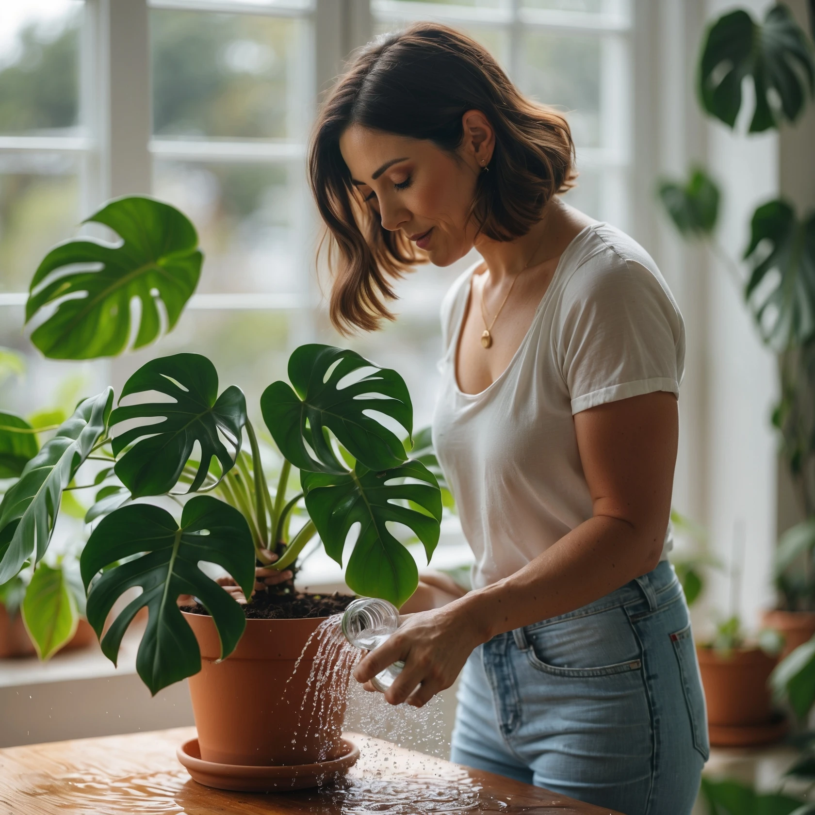 woman watering her monstera plant emoji