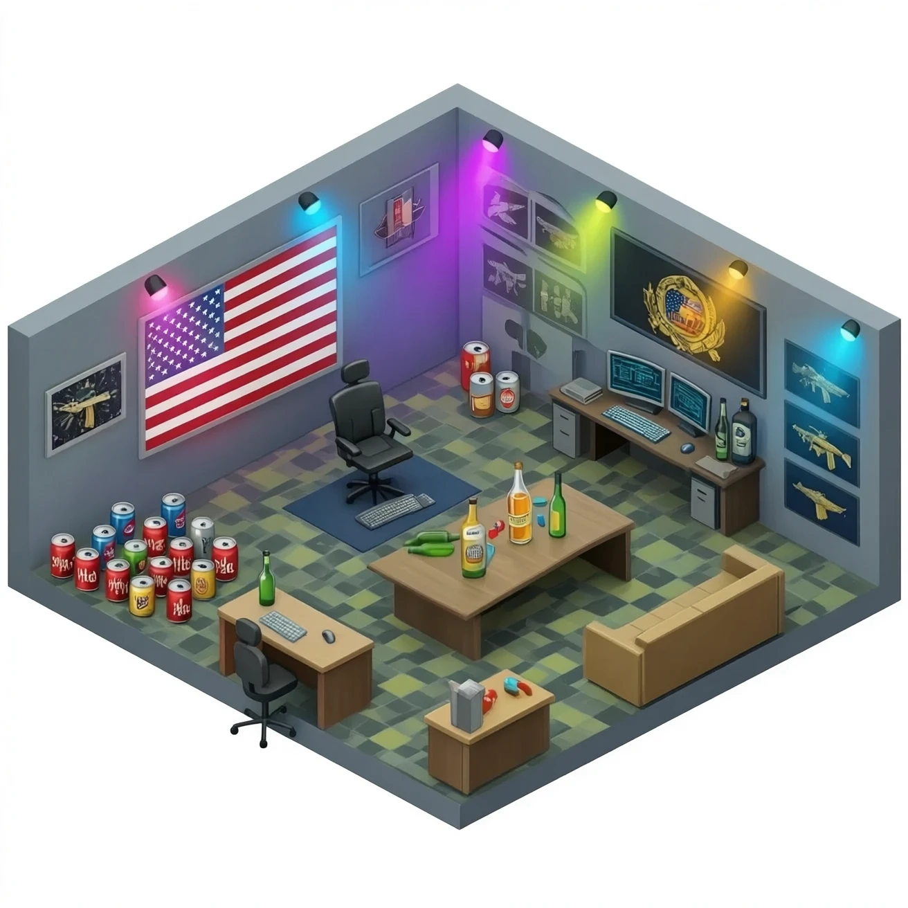 the United States pentagon turned into a war room/party pad with beer cans a liquor bottles, war room with a computer command center and party lights emoji