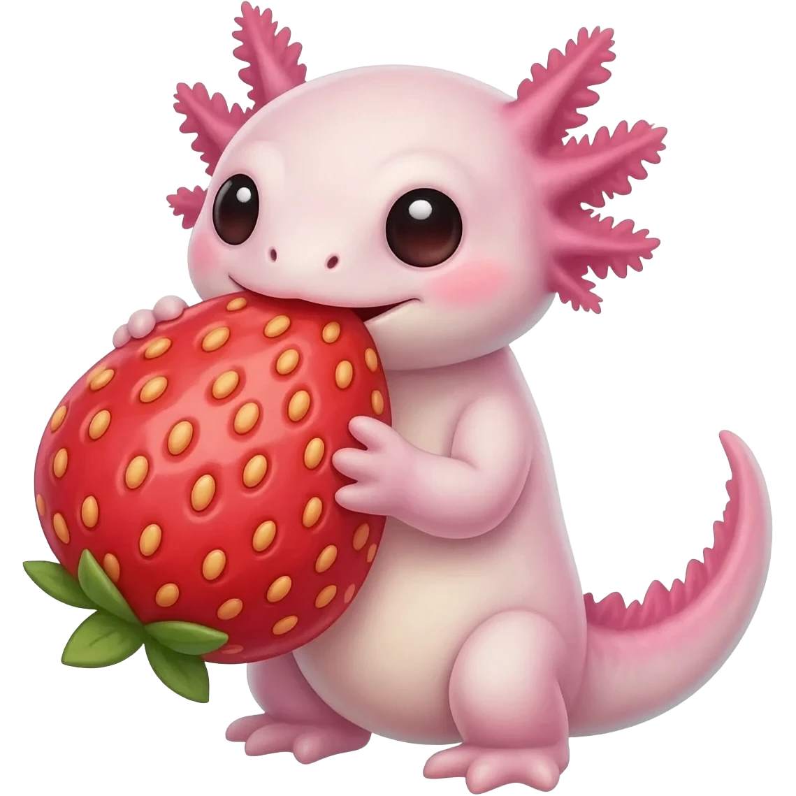 a cute axolotl eating a large strawberry donut emoji