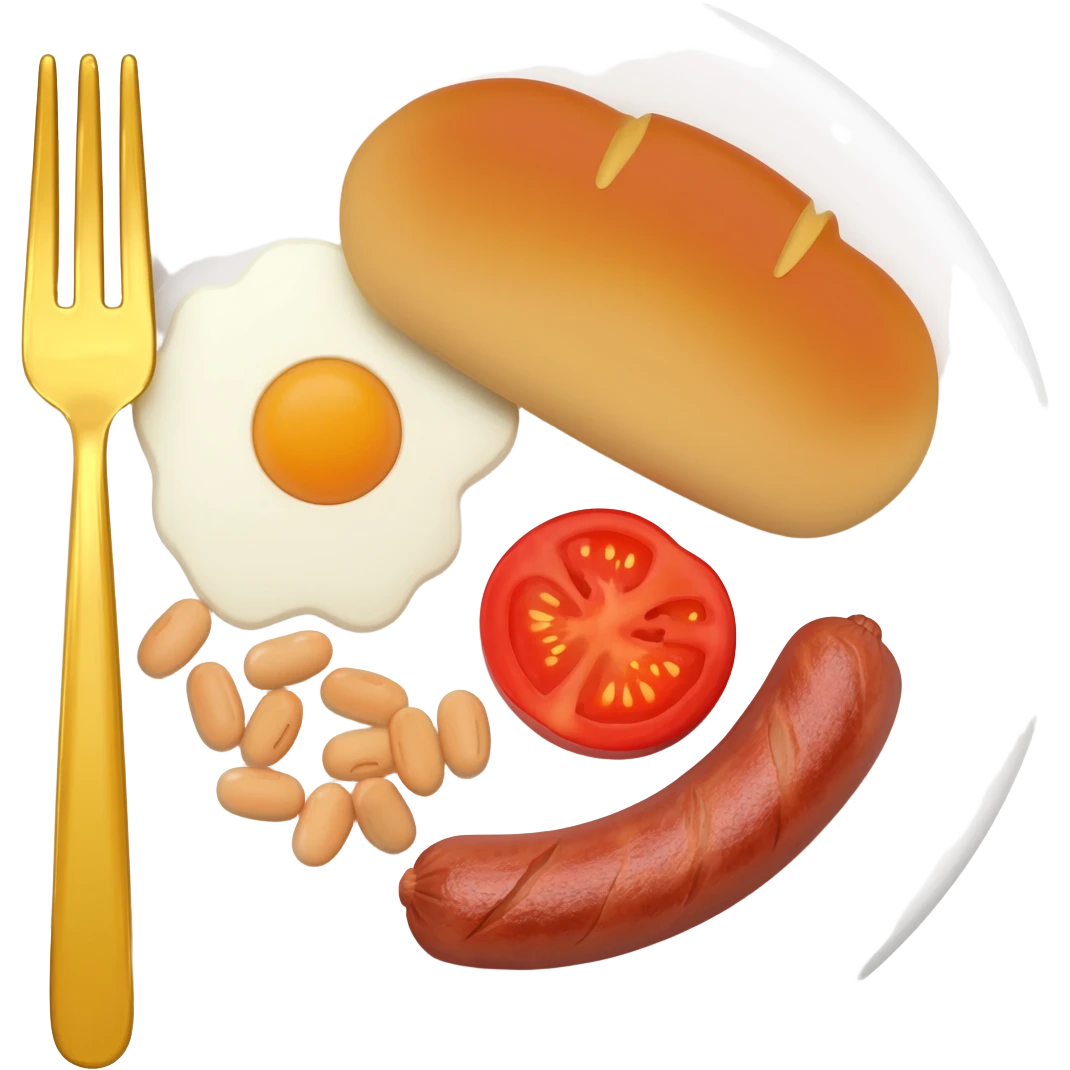 English breakfast full English breakfast with eggs, bacon, sausage, beans, toast, and tomato оn a beautiful white plate with a gold fork emoji