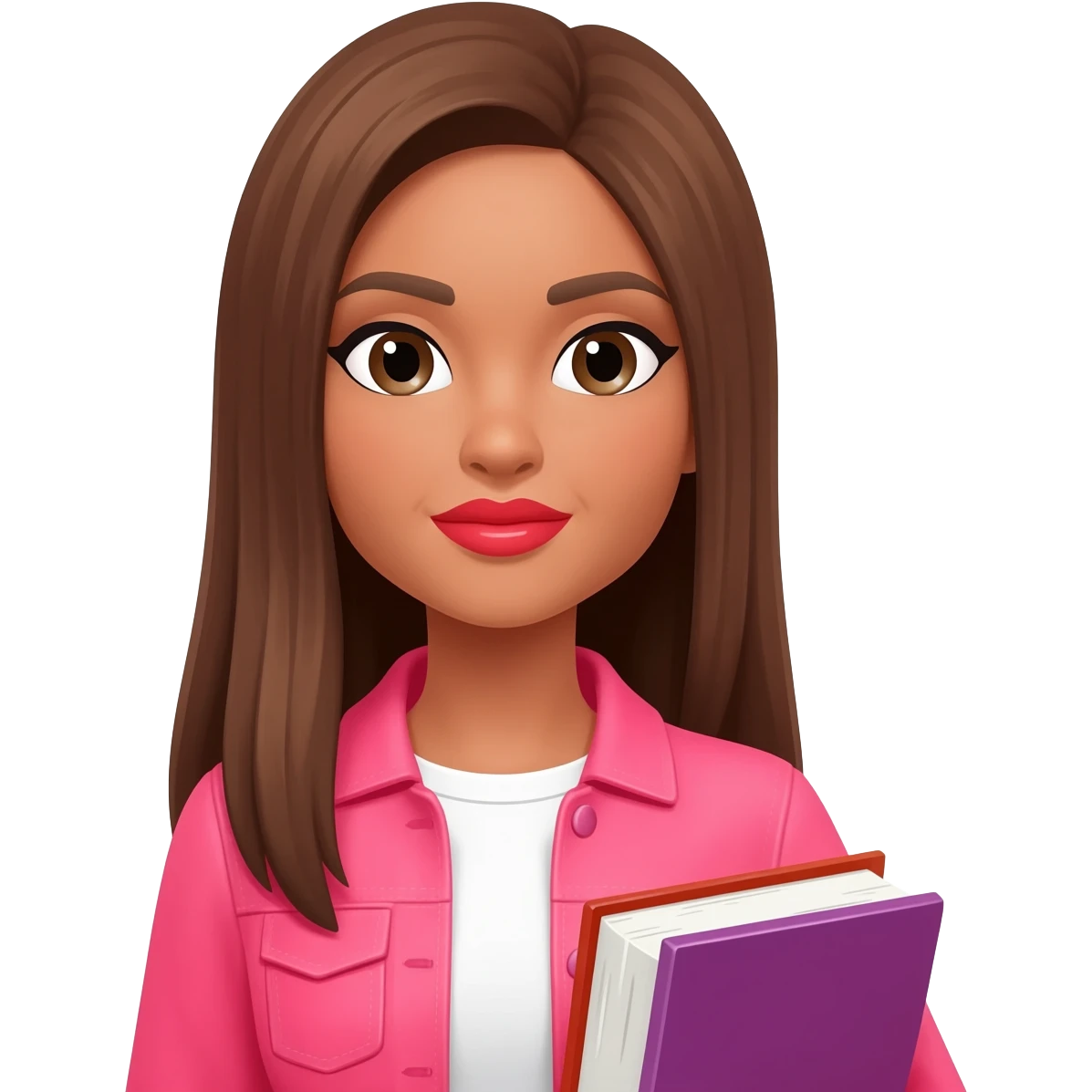 Create a woman with long straight brown hair, light brown skin, pink jacket and white shirt, red lipstick carrying books emoji