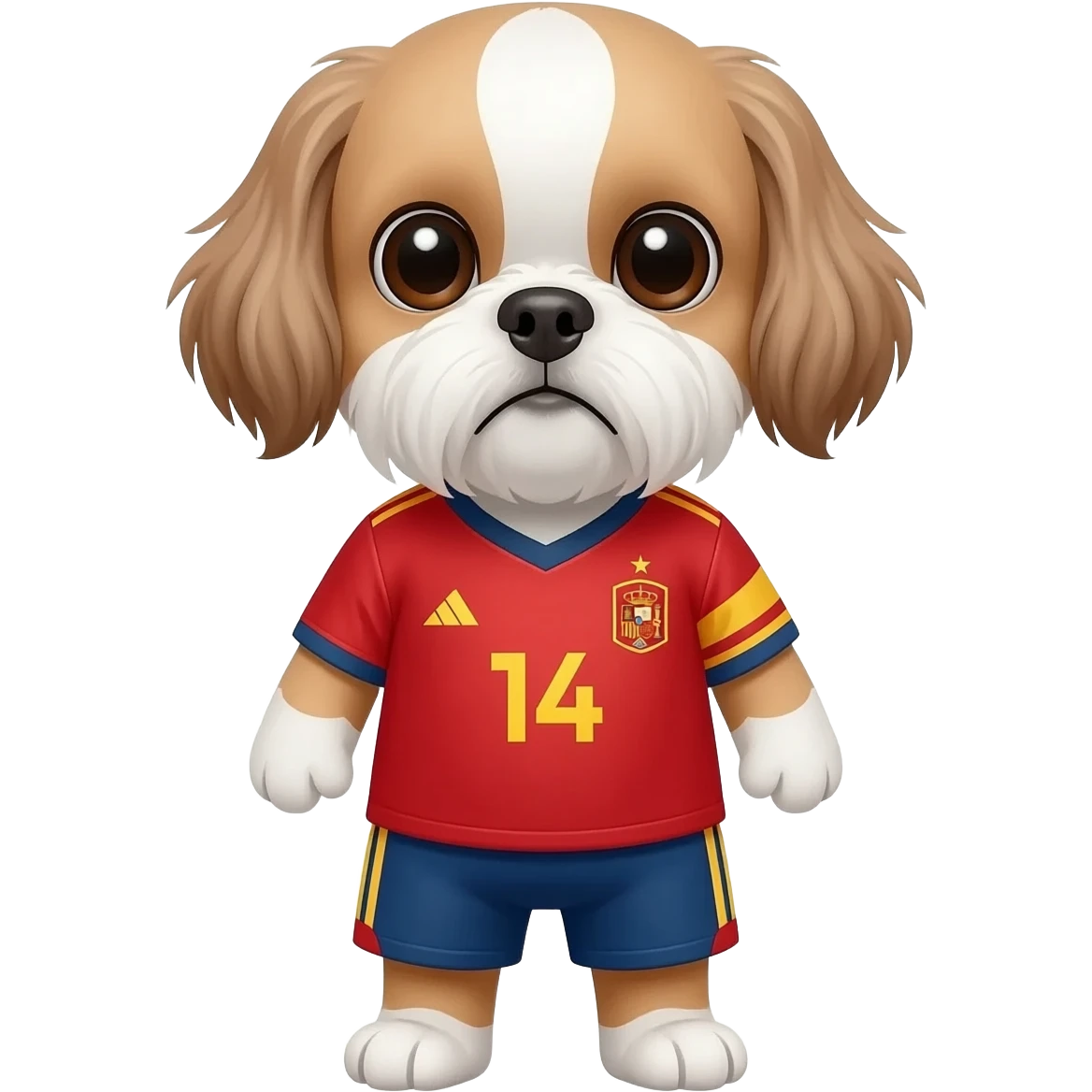 white and light brown shih zhu wearing a Spain soccer jersey v neck 2026 work cup emoji