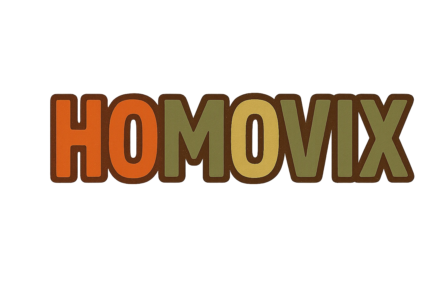 the word HOMOVIX in flat warm colors illustration style, bold and logo suitable emoji
