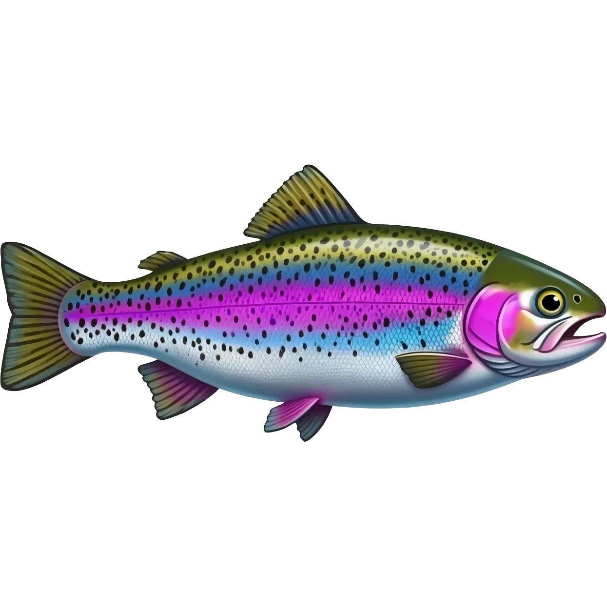 realistic rainbow trout fish bright saturated purple blue green yellow white with scales and black speckles emoji