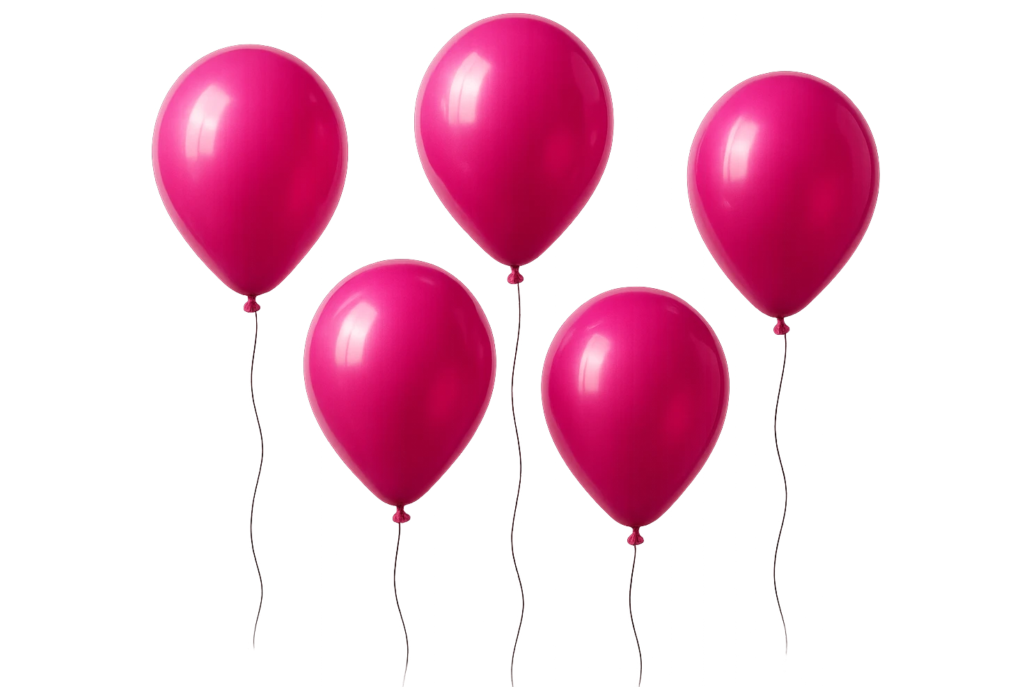 5 palloncini magenta fluttuano in aria isolati su sfondo bianco, iperrealistico 4k emoji