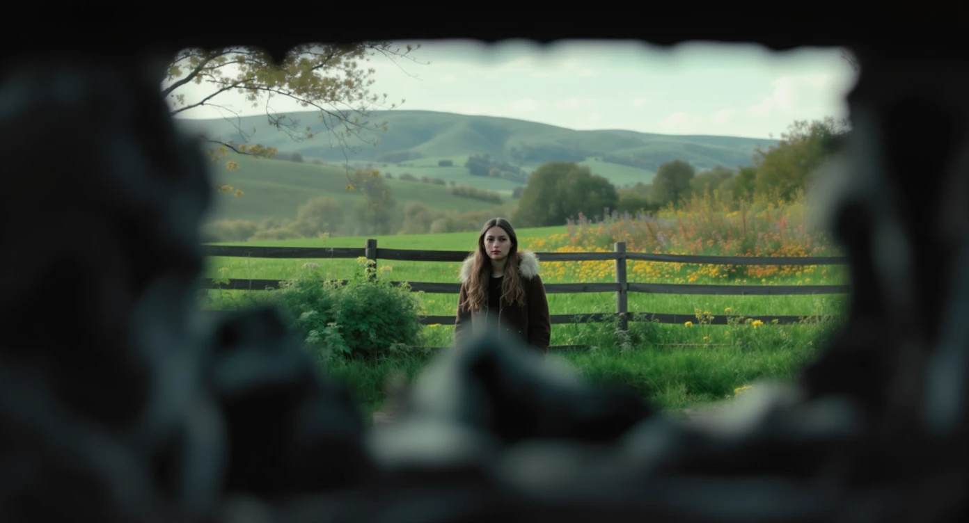A portrait of a person in the foreground, blurred plants in the foreground (frame within a frame), a wooden fence and colorfull flowers in the midground, rolling hills in the background, cinematic depth of field, layered composition, natural lighting emoji