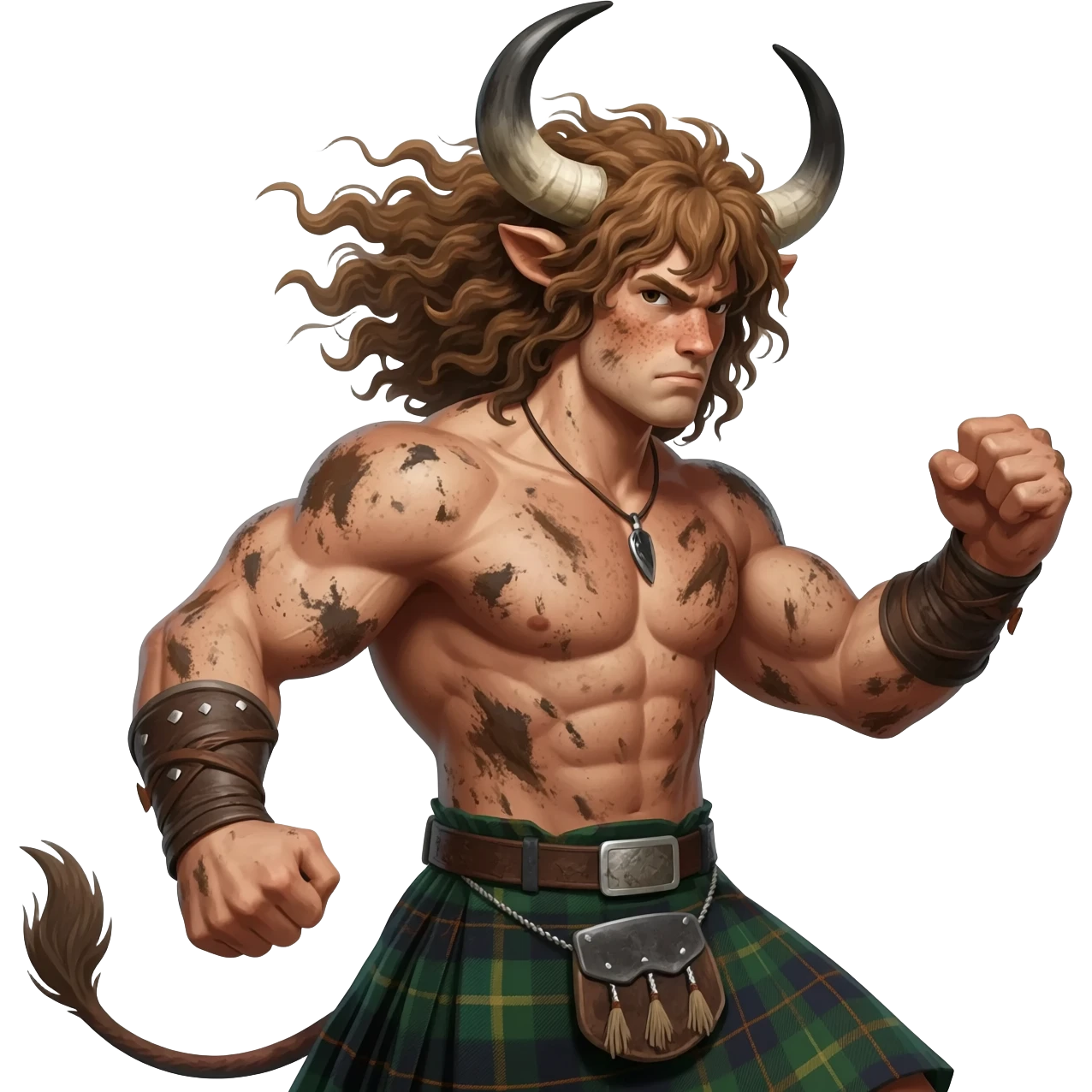 big buff curly hairy man covered in dirt with freckles with messy light brown bangs that covers his face completely with bull horns and bull ears and bull tail dressed in kilt jumped up in a fighting stance with wind in his hair emoji