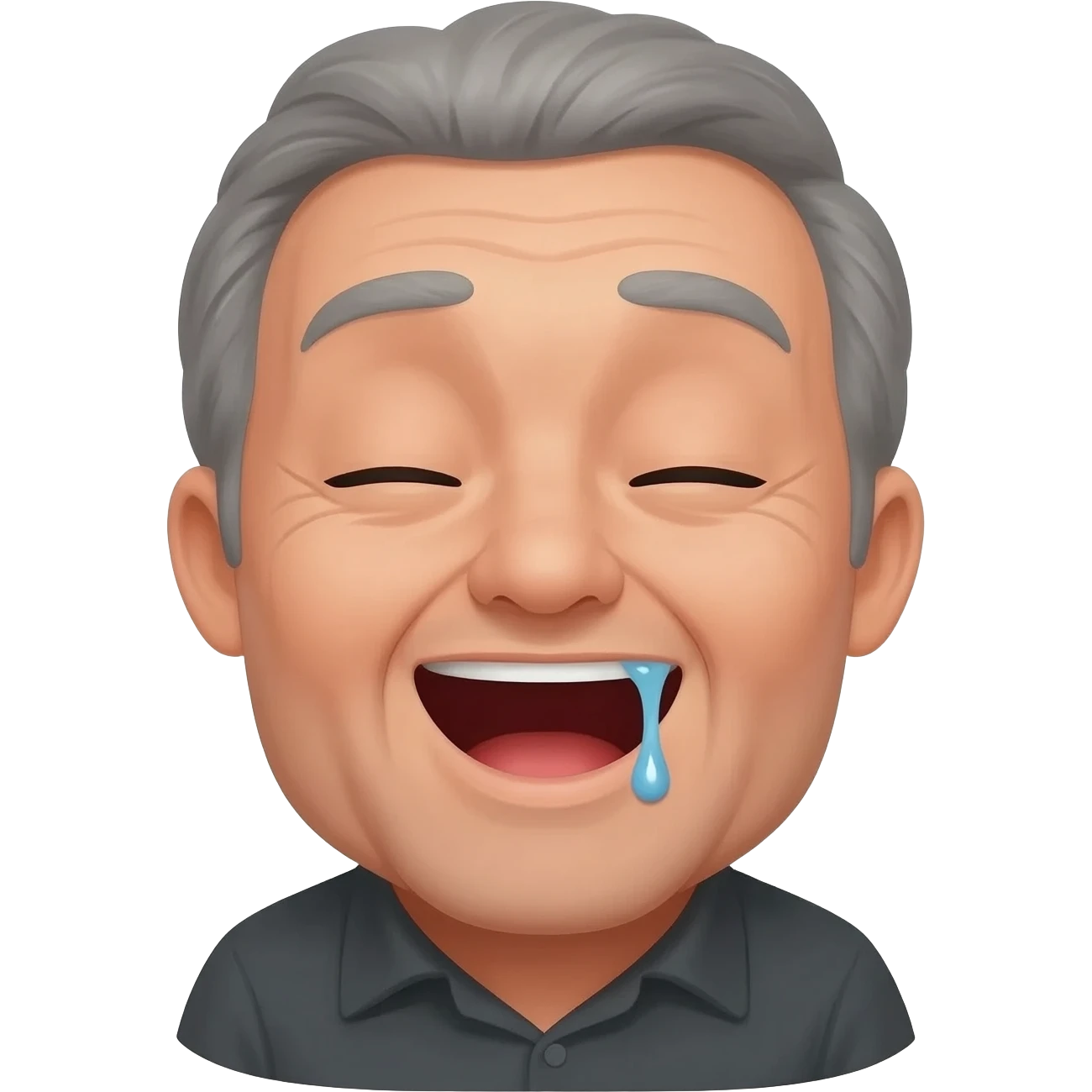 Happy forty year old guy with closed eyes and mouth wide open and drooling from one side of his mouth emoji