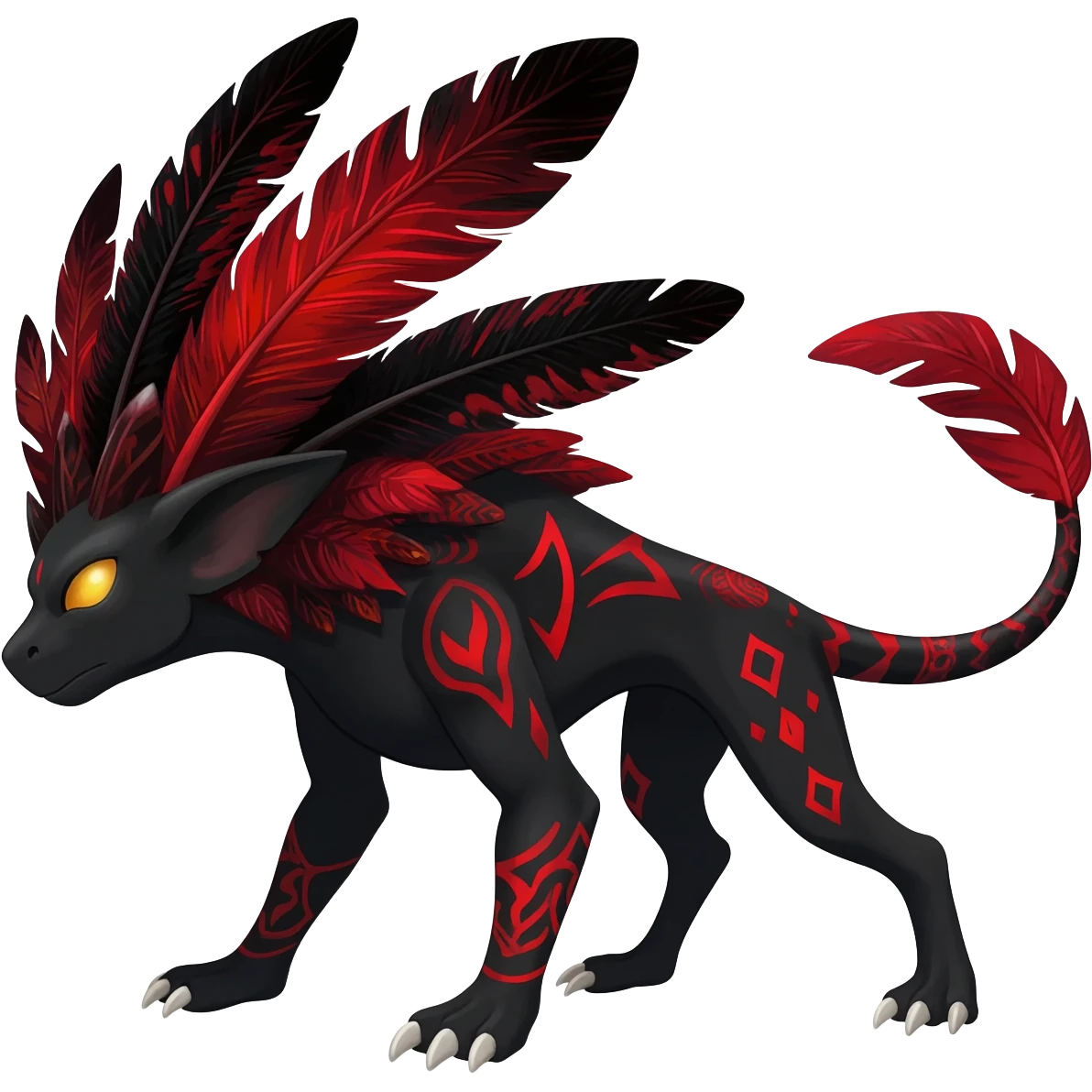 Rare black and red realistic dark edgy tropical tribal patterned feathery skeletal badass epic handsome gorgeous aesthetic colorful vibrant Vernid-Trico-species-Fakemon-creature by LiLaiRa, 4 legs, 1 tail, random markings, (full body) emoji