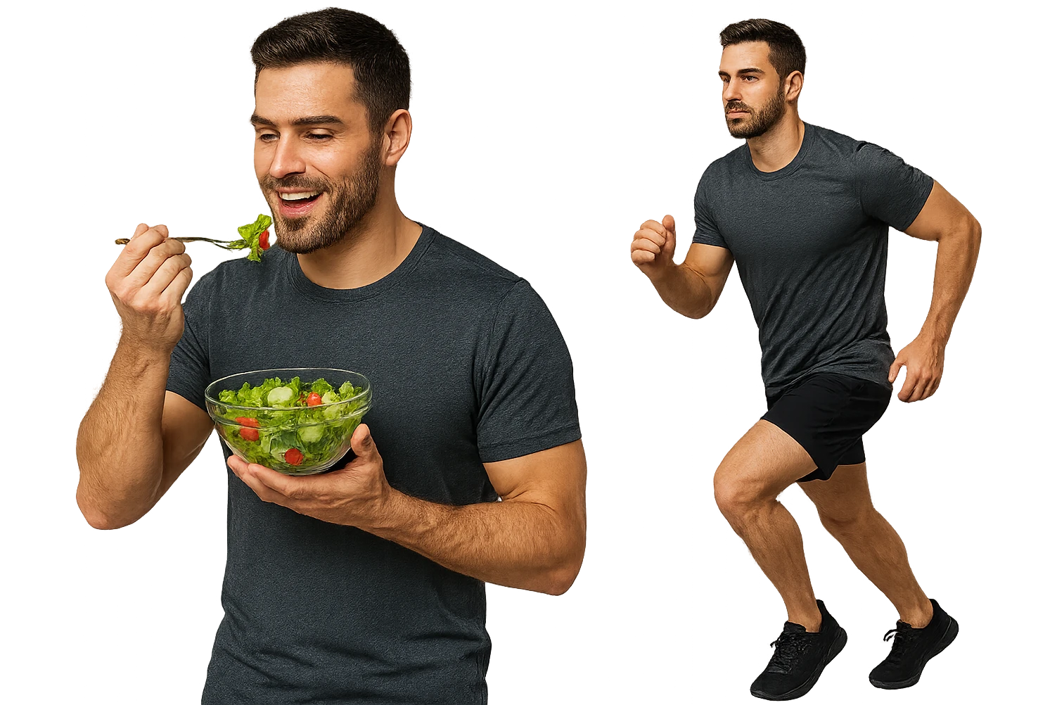 uomo fitness che mangia insalata accanto a uomo identico esteticamente che corre, iperrealistici 4k emoji