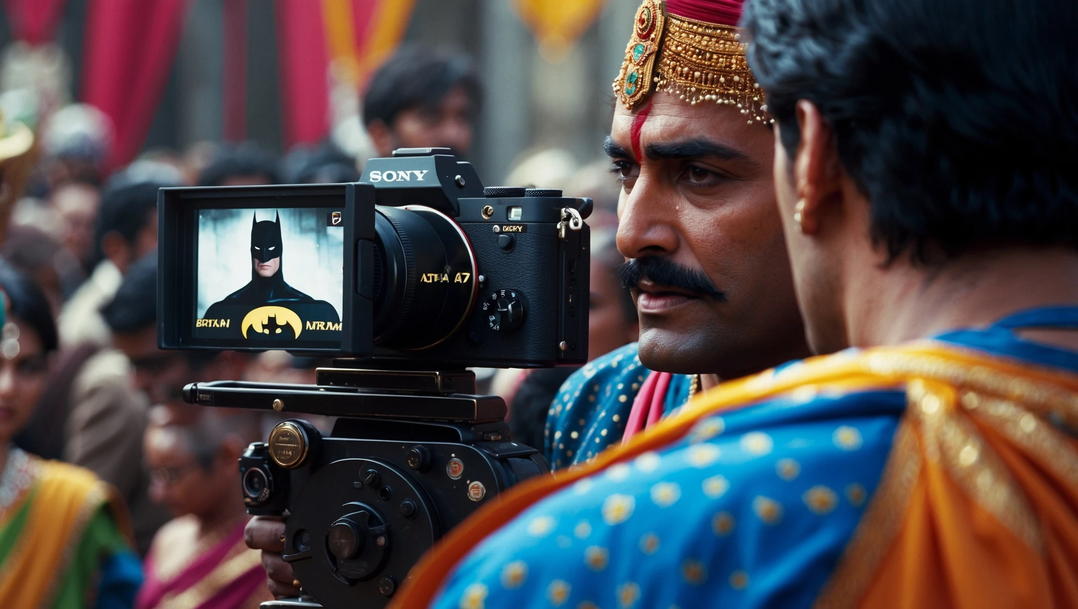 A cinematic screengrab from 1990 Indian Bollywood film called 'Batman', Sony Alpha a7 III camera, colorful  emoji