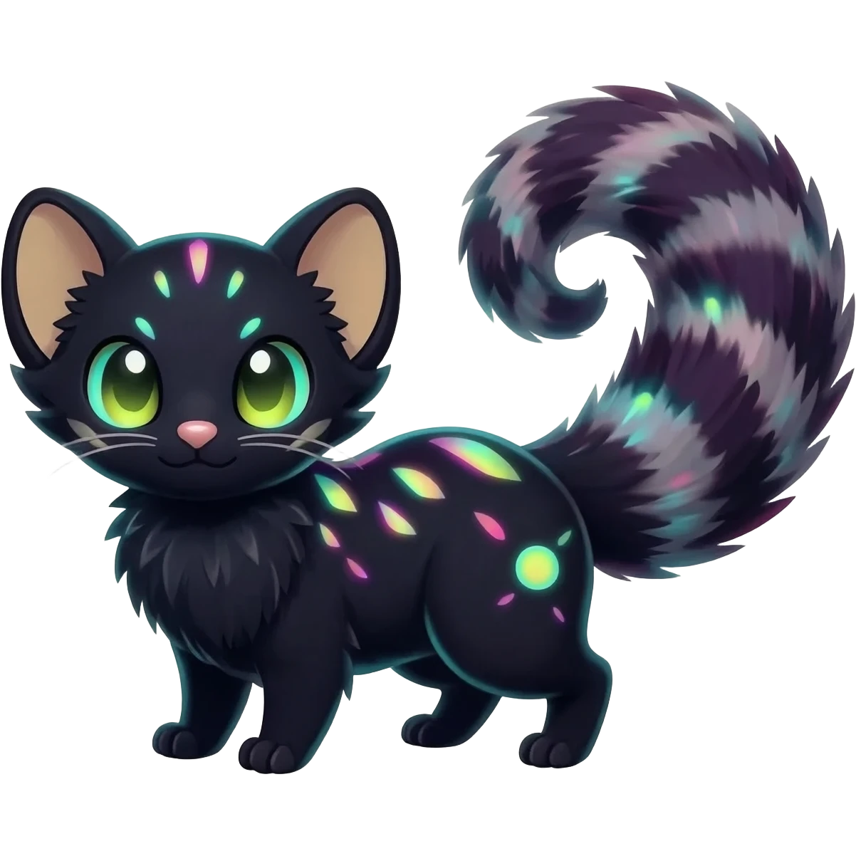 cute adorable pitch-Black-coated fur with glowing bioluminescent random colorful neon-markings iridescent beautiful elegant pretty precious cute young youthful  Fakémon-Pokémon-alien-opossum-feline-serval-caracal-chinchilla-Minccino-hybrid-creature with a big fluffy bushy striped tail (full body) emoji