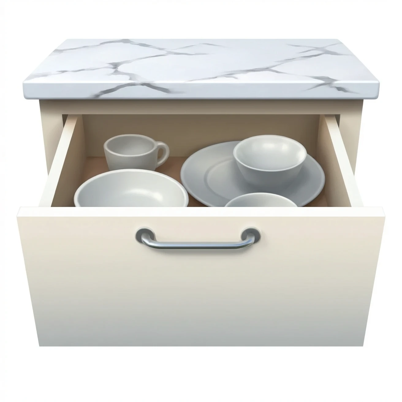 Kitchen drawers, the top drawer is open and inside is crockery emoji