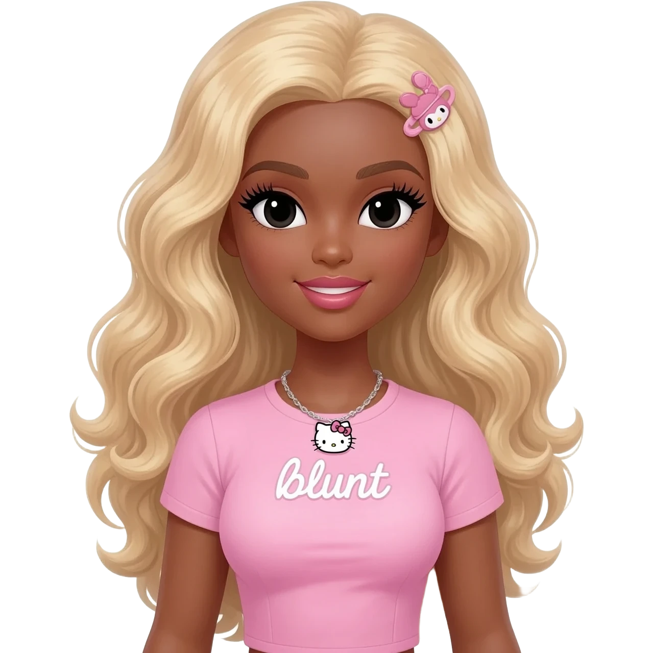 Long giant lashes, my melody hairclip, Doll faced shaped, hello kitty necklace, bimbo, black doll eyes, barbie, dark brown skin with long curly blonde hair, light pink bimbo shirt says "blunt" , big breast emoji