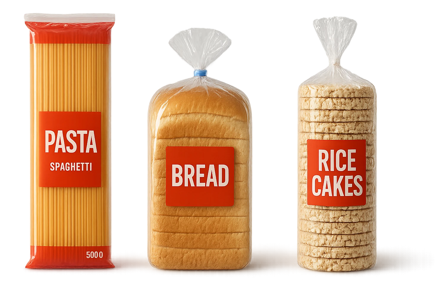 pacco di pasta realistico, pacco di pane, pacco di gallette di riso, 4k emoji