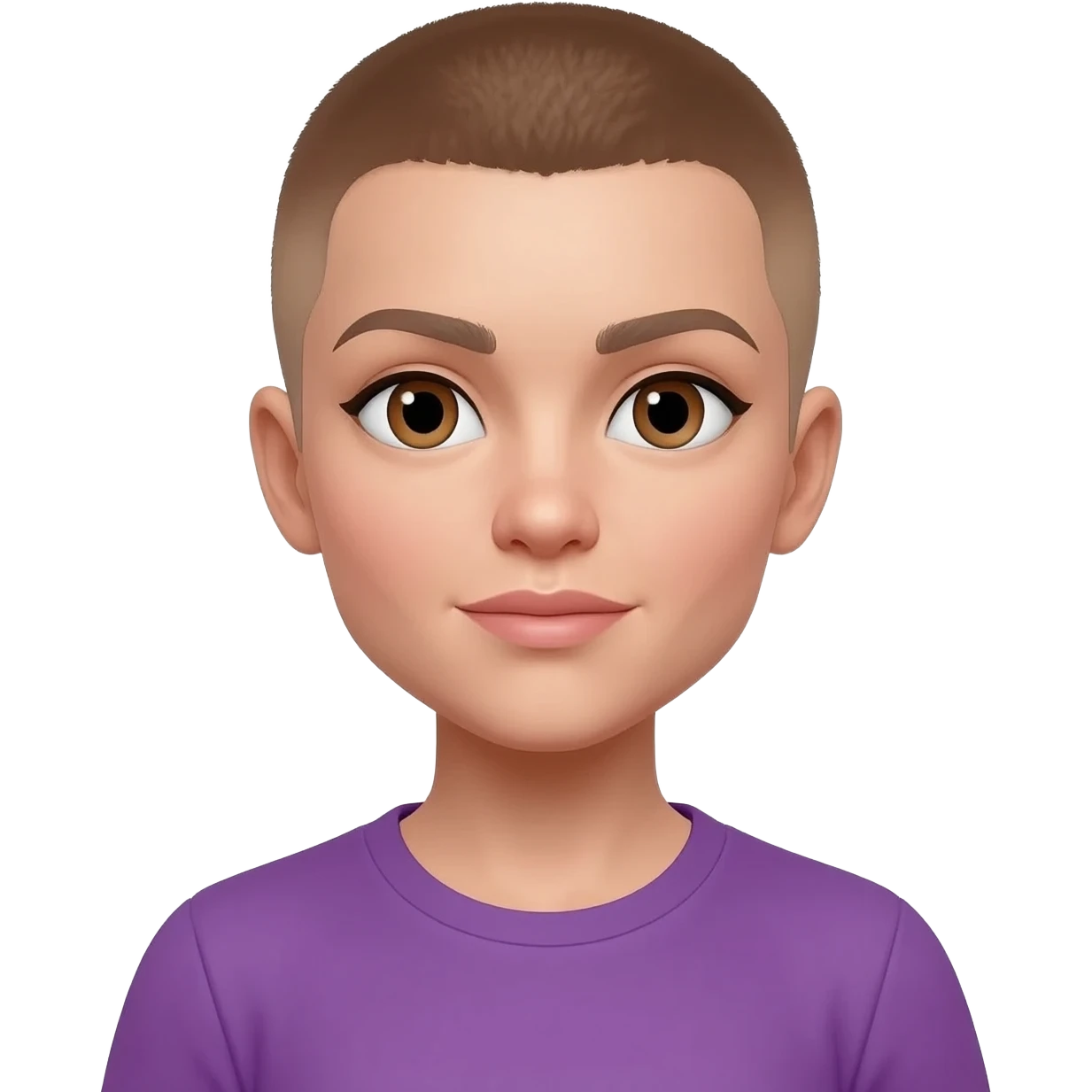 White skin ,  female, light brown buzzcut, purple shirt, neutral  eyes emoji