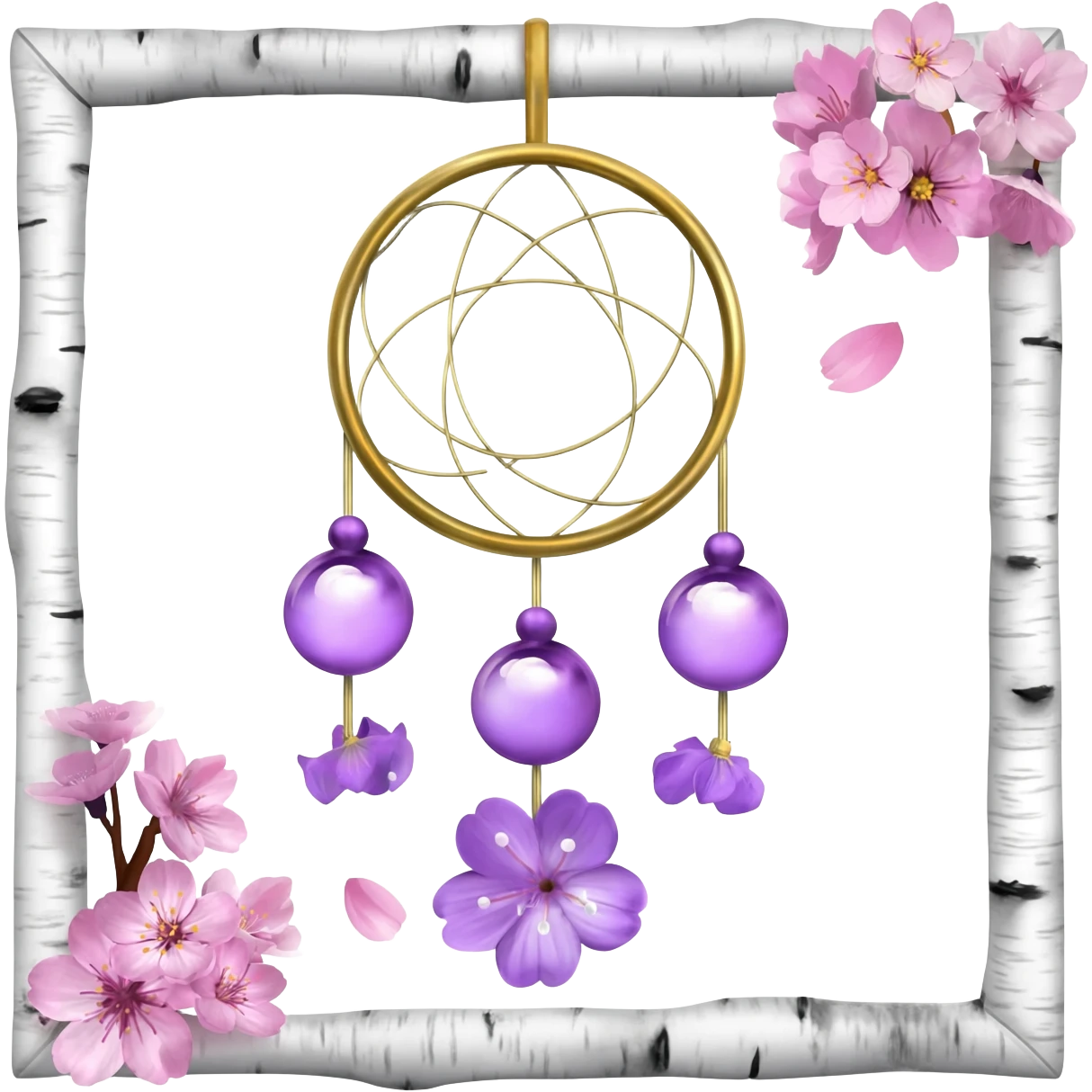 A white-birch-framed Dreamcatcher. with purple-round-orbs, gold-rings hanging down. purple flowers, pink sakura flowers, emoji