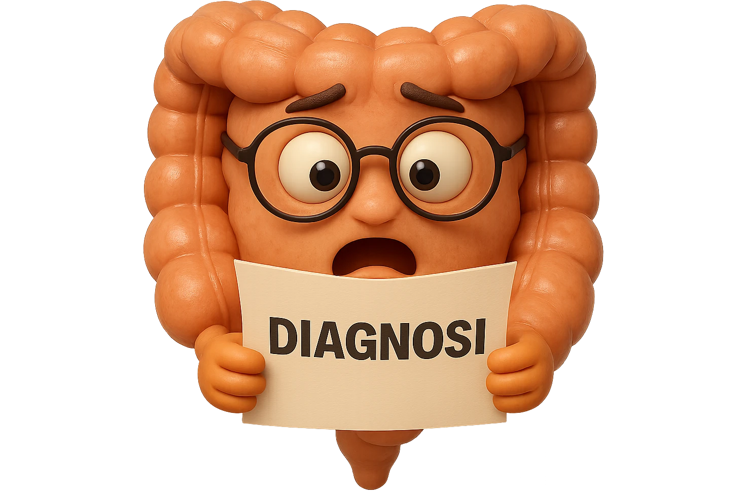 EMOJI STILE IPHONE DI UN INTESTINO CON GLI OCCHIALI CHE LEGGE UN FOGLIO CON LA SCRITTA DIAGNOSI, ESPRESSIONE STUPITA IN VOLTO, IPERREALISTICO 4K emoji
