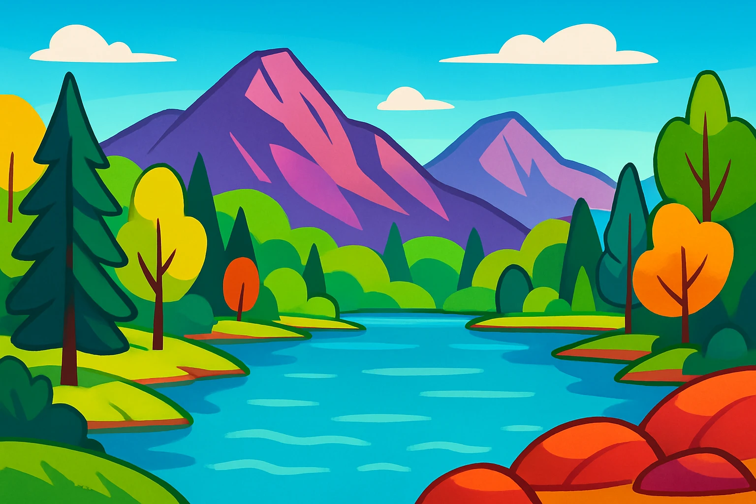 a lake surrounded by trees and mountains, vibrant cartoon style emoji