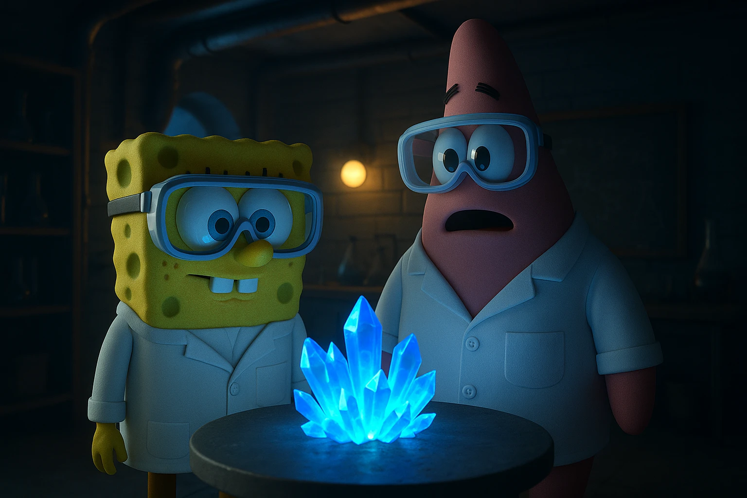 3D cienmatic cartoon shot, spongebob and patric dress in safety glasses and safe white outfit, the are standing front of table with blue crystals on table glowing (light source) science room in basement, back light, Cinema 4d render, proffesional lightning emoji